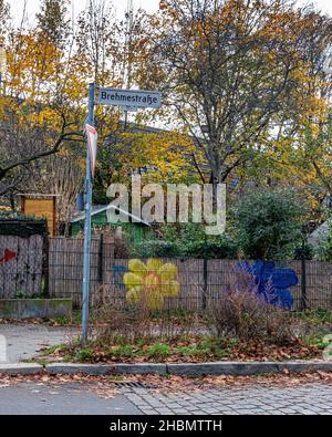 Schrebergärten neben dem Eisenbahnviadukt in der Brehmestraße, Pankow, Berlin Stockfoto