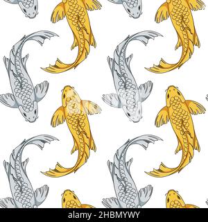 Nahtloses Muster mit goldenen und silbernen Koi-Fischkarpfen. Farbiger Vektorhintergrund. Stock Vektor