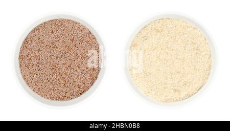 Flohsamen, ganze Samen und Schalen, in weißen Schalen. Plantago ovata, bekannt als blonde Kochbanane, Desert Indianwheat, blonde Psyllium und Ipagol. Stockfoto