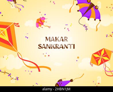 Banner von Makar sankranti. Pongal Festival Poster, fliegende Drachen Hintergrund, indische Ernte im januar, heilige Feiertag von indien, ordentlich Vektor-Illustration-Design. Festival Landwirtschaft Feier hindu Stock Vektor