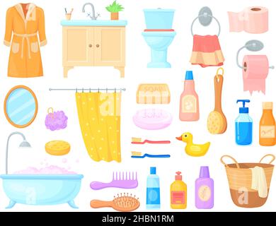 Bad Accessoires Cartoon. Bad Accessoire Seife Zahnbürste Waschbecken Handtuch Kamm Bürste Haar Bademantel Schwamm Shampoo, Badewanne Dusche Möbel, WC-Ausrüstung, Vektor-Illustration. Bad mit Hygienewanne Stock Vektor