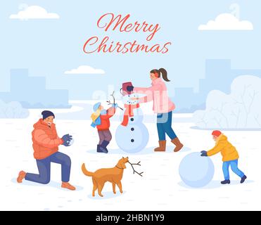 Familienmännlicher Schneemann. Winter spielen Menschen bauen weihnachten Schnee Mann, glückliche Kinder mit Hund im Freien spielen Schneebälle Weihnachten Karte Neujahr Hintergrund Vektor Illustration. Familie Cartoon und Schneemann Stock Vektor