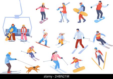 Menschen, die Ski und Snowboards fahren. Cartoon Skifahrer Familie Snowboarder, Wintersport Bergresort Downhillfreeride auf Sessellift Schneepiste, Reise Aktivität Vektor. Illustration des Snowboardsports Stock Vektor