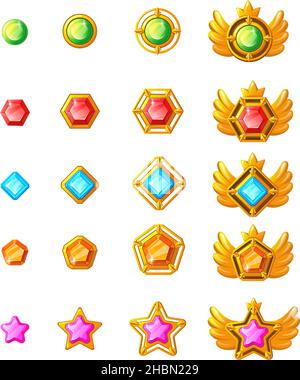 Spielfortschritt auszeichnen. Diamant-Medaillen, Spiel-Ranking für ui, Satz Cartoon-Vektor-Illustration. Auszeichnung gui, Spiel Amulett und Diamant Stock Vektor