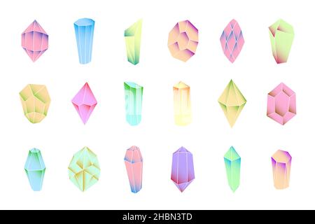 Crystal Minerals leuchtend lebendige farbige Icon-Set. Bunte Edelsteinsammlung. Alternative Kristalle Medizin und Behandlung. Vektor-isolierte eps-Abbildung Stock Vektor