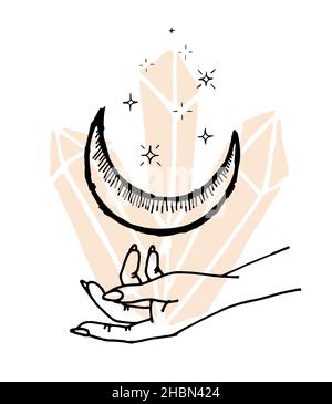 Kristall und Sterne mit Spiritualität Mond. Handgezeichnetes Astrologie-Halbmond-Symbol. Edelstein mystisches Mineral. Kristalle alternative Medizin und Behandlung lineare Zeichnung Skizze. Vektorgrafik eps Stock Vektor