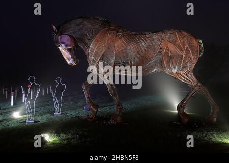 Die war Horse Skulptur & Tommy Silhouetten auf dem Mill Pond Meadow Gedenkwald in Featherstone, West Yorkshire, Großbritannien Stockfoto