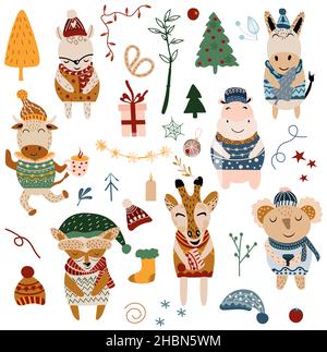 Sammlung Weihnachtstiere, Koala, niedliche Hirsche, Nilpferd, Waschbär, Giraffe und weihnachtliche Elemente. Gemütliches Zeichentrickset. Kinderzimmer Kunst. Skandinavischer Stil. Vektorgrafik. Vektorgrafik Stock Vektor