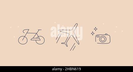 Set von minimalistischen Design Tattoos. Ein Fahrrad, ein Flugzeug und eine Kamera. Niedliche Illustration für Design, Aufkleber. Vektorlinien-Kunst Stock Vektor