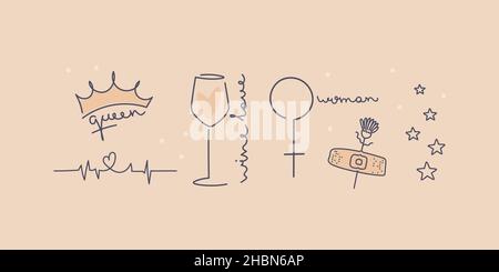 Set mit minimalistischen Tattoos im femininen Design. Glas Wein, venuszeichen, Krone, Herz-Puls, Sterne. Niedliche Illustration für Design, Aufkleber. Vektor Stock Vektor