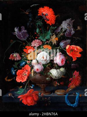 Stillleben mit Blumen und einer Uhr von Abraham Mignon (1640-1679), Öl auf Leinwand, c. 1660-79 Stockfoto