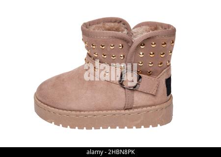 Kinder Winterstiefel. Nahaufnahme eines einzelnen eleganten braunen Wildleder Winterstiefeln mit Fell gefüttert. Mädchen Winter Schuh Mode neuesten Trends isoliert Stockfoto