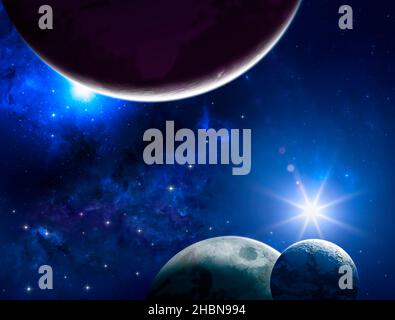 Planeten und Exoplaneten von unerforschten Galaxien. Sci-Fi. Neue Welten zu entdecken. Besiedlung und Erforschung von Nebel und Galaxien. Planet und Ringe. Stockfoto