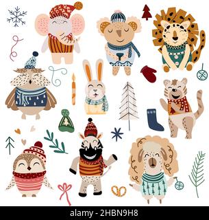 Sammlung Wintertiere, Koala, Löwe, Tiger, Widder, Eule und andere Elemente. Gemütliches Zeichentrickset. Skandinavischer Stil. Kinderzimmer Kunst. Vektor-Illustration Stock Vektor