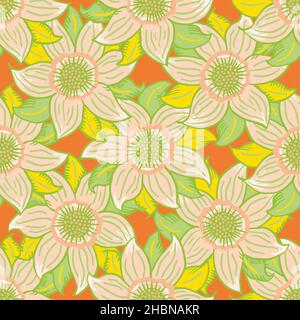 Tropisches Blumenmuster mit sechs Blütenblättern. Leuchtend grün orange, gelber Hintergrund mit von Hand gezeichneten Blumen und Blättern. Überlappende Dschungelpflanze Stock Vektor