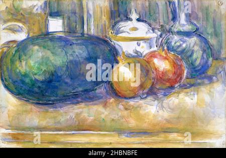 Stillleben mit einer Wassermelone und Granatäpfeln (ca. 1900-1906) von Paul Cézanne. Stockfoto