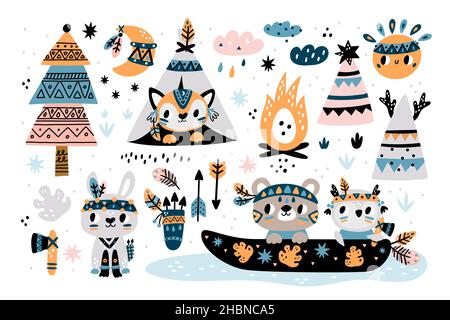 Niedliche indische Elemente. Lustige kleine Waldtiere mit Stammesfarbe auf Gesichtern, gemustertem Baby-Hase, Eule und Fuchs. Einheimischer Wigwam und Kanu, kindisch Stock Vektor