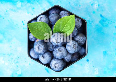 Schwarze sechseckige Schachtel mit frischen Blaubeeren und grünen Blättern auf hellblauem Aquarellhintergrund. Stockfoto