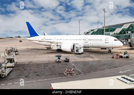 Flugzeug Vorbereitung für den Start-Flug ein Flughafen. Air Europa Boeing 787-8 Dreamliner heißt Julio Iglesias Stockfoto