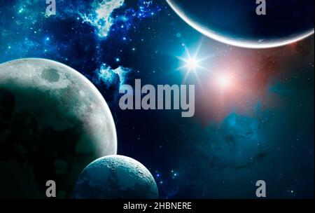 Planeten und Exoplaneten von unerforschten Galaxien. Sci-Fi. Neue Welten zu entdecken. Besiedlung und Erforschung von Nebel und Galaxien. Planet und Ringe. Stockfoto