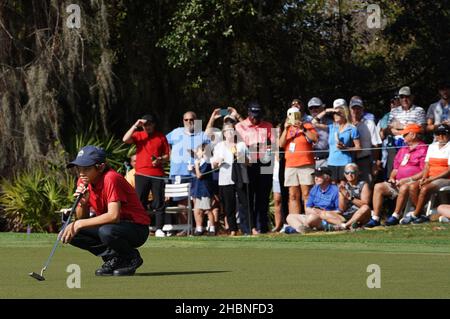 Orlando, Usa. 19th Dez 2021. Charlie Woods blickt während der letzten Runde der PNC Championship im Ritz-Carlton Golf Club Grande Lakes in Orlando über einen Schuss auf das neunte Loch. Tiger und Charlie haben am Sonntag einen Turnierrekord mit 11 aufeinanderfolgenden Birdies aufgestellt, einen 15-unter-Par-Rekord von 57 geschossen und den zweiten Platz im 36-Loch-Turnier erreicht. Kredit: SOPA Images Limited/Alamy Live Nachrichten Stockfoto