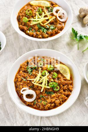 Keema-Schälchen in Schale auf hellem Hintergrund. Indische und pakistanische Gerichte. Stockfoto