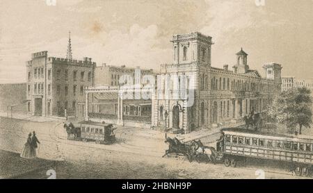 Antike Gravur aus dem Jahr 1860, Eisenbahndepot der New York und Harlem Railroad in der 4th Ave an der Ecke 27th Street. Die New York and Harlem Railroad war eine der ersten Eisenbahnen in den Vereinigten Staaten. Zunächst zogen die Pferde an den Eisenbahnwaggons. QUELLE: ORIGINALGRAVUR Stockfoto