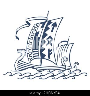 Wikingerdesign. Schiff Drakkar segelt in einer stürmischen See Stock Vektor