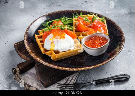 Belgische Waffeln mit Frischkäse, Lachsscheiben, Ei und rotem Kaviar. Grauer Hintergrund. Draufsicht Stockfoto