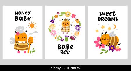Niedliche Honigbienen-Karten. Lustige kleine Insekten-Charaktere, schöne Blumen, Kinder-Cartoon-Poster mit Koch, Kinder liebenswert Doodle Prinzessin und Schläfer Stock Vektor