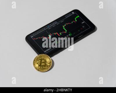 Bitcoin-Händler-Bildschirm im Smartphone mit symbolischer Bitcoin-Münze auf weißem Hintergrund Nahaufnahme Stockfoto