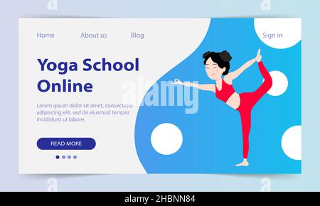 Yoga-Kurse online. Landing Page. Website Yoga-Schule. Ein hübsches asiatisches Mädchen zeigt eine Asana. Yoga-Training über das Internet. Vektorgrafik. Stock Vektor