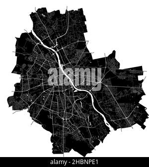 Warschau, Polen, hochauflösende Vektorkarte mit Stadtgrenzen und bearbeitbaren Pfaden. Der Stadtplan wurde mit weißen Flächen und Linien für Hauptstraßen gezeichnet, Stock Vektor