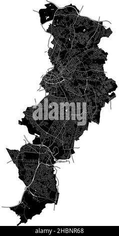 Manchester, England, hochauflösende Vektorkarte mit Stadtgrenzen und bearbeitbaren Pfaden. Der Stadtplan wurde mit weißen Flächen und Linien für Haupt r gezeichnet Stock Vektor