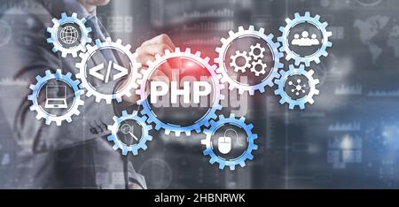 PHP-Codierungskonzept. Suche nach Programmierern. Technologiehintergrund. Stockfoto