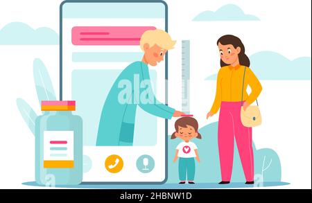 Pädiatrische Online-Beratung. Kinder planmäßige ärztliche Untersuchung. Vorläufige Ferndiagnose. Smartphone- und Pillenflasche. Mutter mit Tochter Stock Vektor