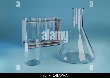 Laborglas für die Chemie. 3D Abbildung. Stockfoto
