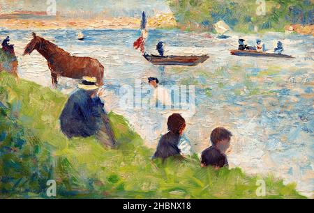 Pferd und Boote (Studie für „Badegäster in Asnières“) (ca. 1883-884) von Georges Seurat. Stockfoto