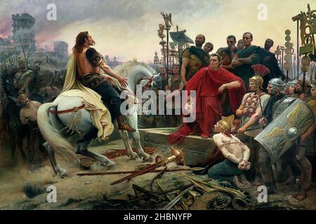 Vercingetorix wirft seine Arme zu den Füßen von Julius Caesar, gemalt von Lionel Royer. Es zeigt den Chef der Gallier Vercingetorix, der seine Arme nach der Schlacht von Alesia 52BC an Caesar übergibt