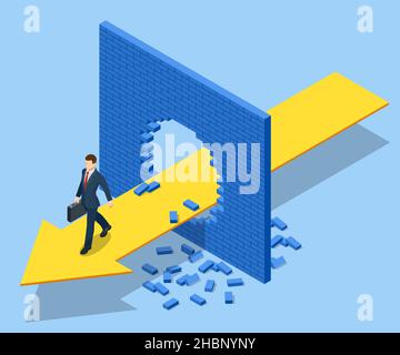 Isometrisches Durchbrechen der Wand. Eine alternative Lösung für das Problem. Geschäftsmann gelöst Problem, Neue Lösung, Erfolg und Führung. Durchbruch Stock Vektor