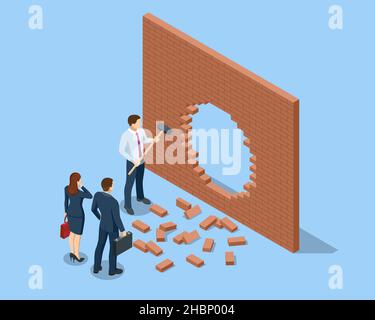 Isometrisches Durchbrechen der Wand. Eine alternative Lösung für das Problem. Geschäftsmann gelöst Problem, Neue Lösung, Erfolg und Führung. Durchbruch Stock Vektor