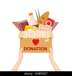 Die Hände halten eine Spendenbox mit einer Wohltätigkeitsorganisation. Konserve, Brot, Getränke. Mit Textbanner spenden. Cartoon-Vektorgrafik Stock Vektor