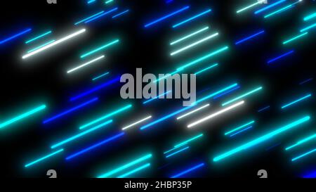 Blau fliegende Neonlichter abstrakter Hintergrund. Helle Neon Linie gestaltete Hintergrund. Textur mit Beleuchtung, Kunst der Farben Kombination Stockfoto