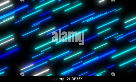 Blau fliegende Neonlichter abstrakter Hintergrund. Helle Neon Linie gestaltete Hintergrund. Textur mit Beleuchtung, Kunst der Farben Kombination Stockfoto