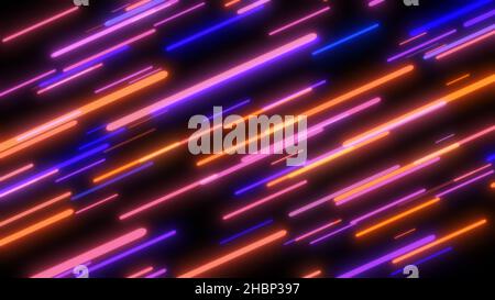 Bunte fliegende Neonlichter abstrakter Hintergrund. Helle Neon Linie gestaltete Hintergrund. Textur mit Beleuchtung, Kunst der Farben Kombination Stockfoto