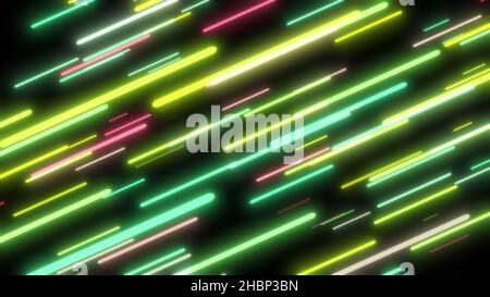 Bunte fliegende Neonlichter abstrakter Hintergrund. Helle Neon Linie gestaltete Hintergrund. Textur mit Beleuchtung, Kunst der Farben Kombination Stockfoto