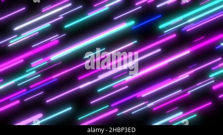 Bunte fliegende Neonlichter abstrakter Hintergrund. Helle Neon Linie gestaltete Hintergrund. Textur mit Beleuchtung, Kunst der Farben Kombination Stockfoto