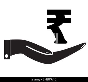 Rupie-Symbol in der Hand auf weißem Hintergrund. Sparen Sie Geld Konzept. Flacher Stil. Stockfoto