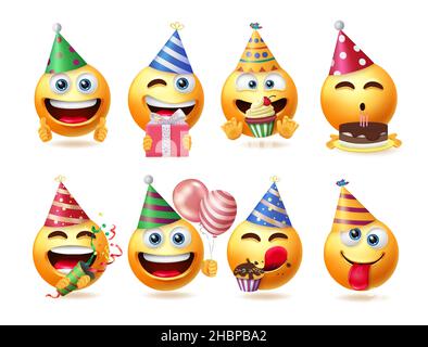 Emoji Geburtstagsvektor Set Design. Emojis 3D Gesicht isoliert in weißem Hintergrund mit Party-Hüte, Kuchen und Geschenk Feier Elemente für Grafik. Stock Vektor