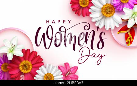 Frauen Tag Vektor Hintergrund Design. Fröhliche Frauen Tag Grußtext mit Kamille und Heliconia bunte Blumen für weibliche Feier Dekoration. Stock Vektor